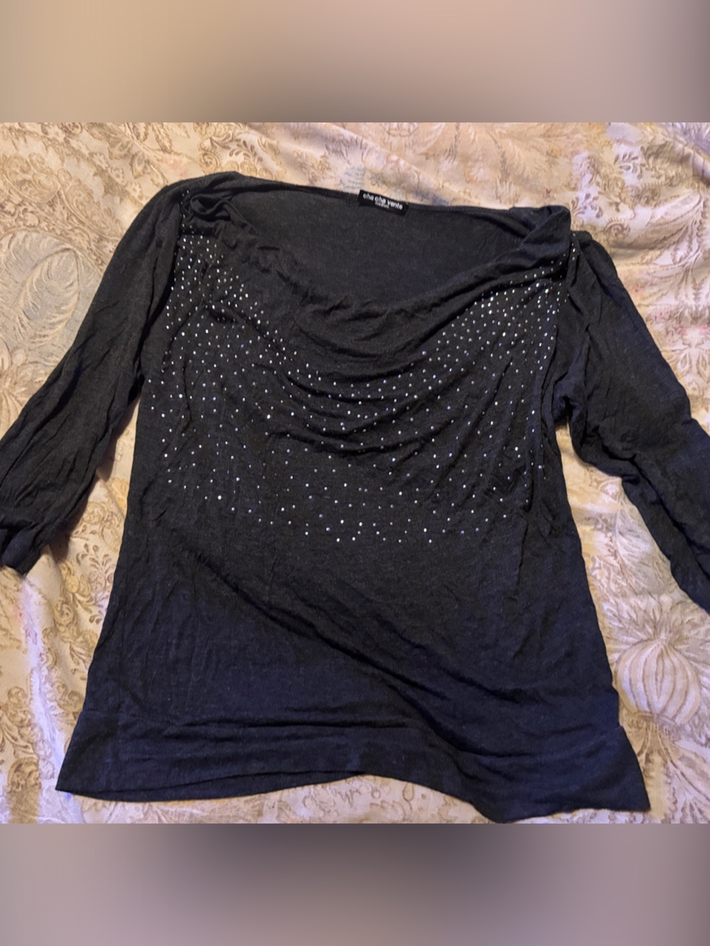 cha cha vente Charcoal Long Sleeve Scoop Neck Top with Rhinestones
